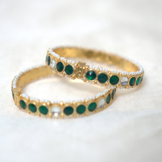 Gold Plated Jadau Kundan Bangles - Green